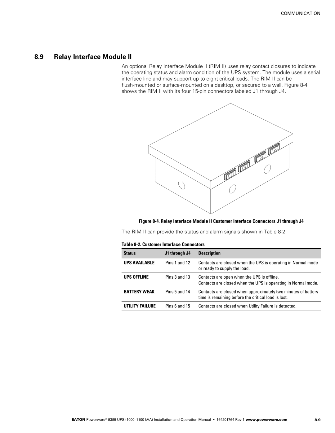 Powerware 10001100 kVA operation manual Relay Interface Module, Customer Interface Connectors 