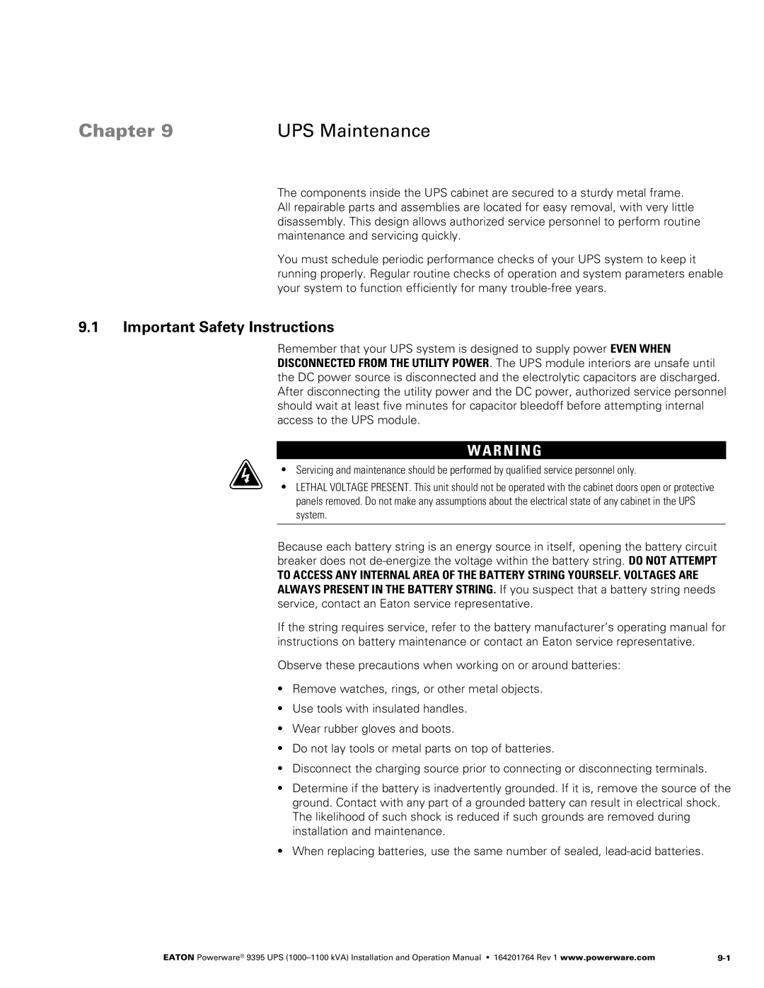 Powerware 10001100 kVA operation manual Chapter UPS Maintenance, Important Safety Instructions 