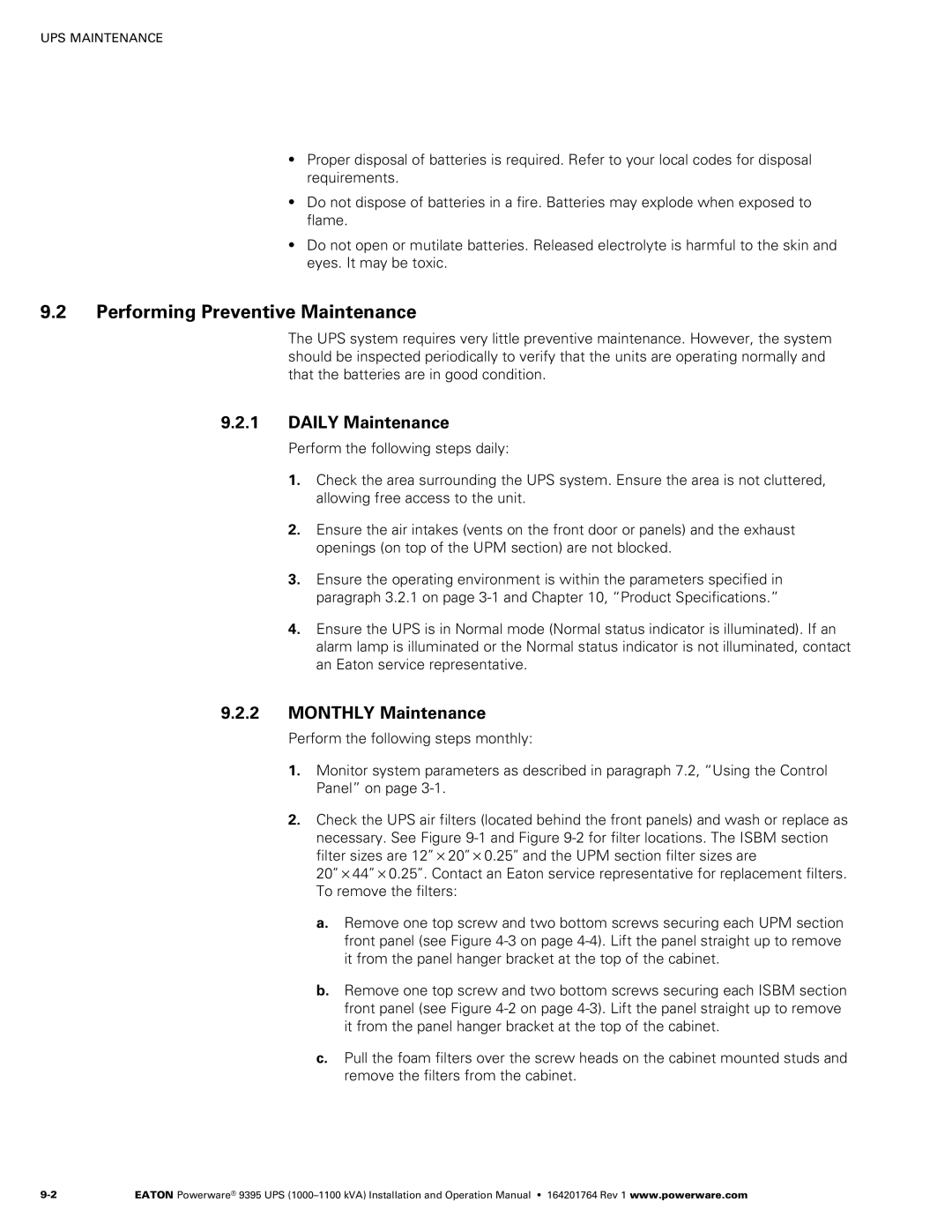 Powerware 10001100 kVA operation manual Performing Preventive Maintenance, Daily Maintenance, Monthly Maintenance 