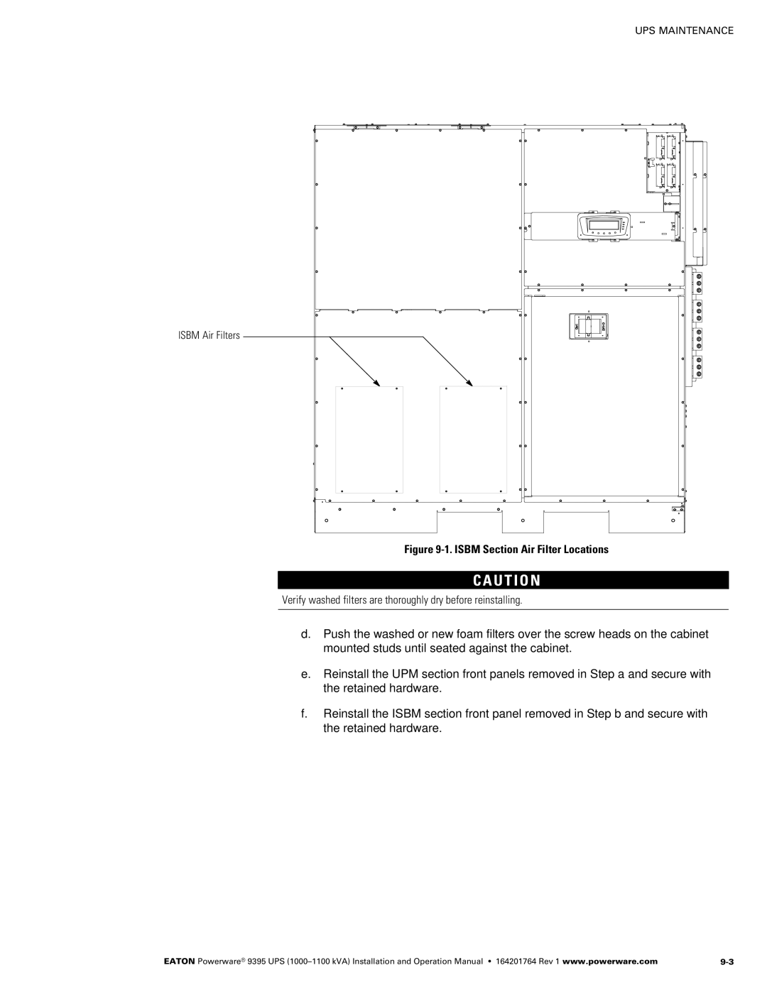 Powerware 10001100 kVA operation manual Verify washed filters are thoroughly dry before reinstalling, Isbm Air Filters 