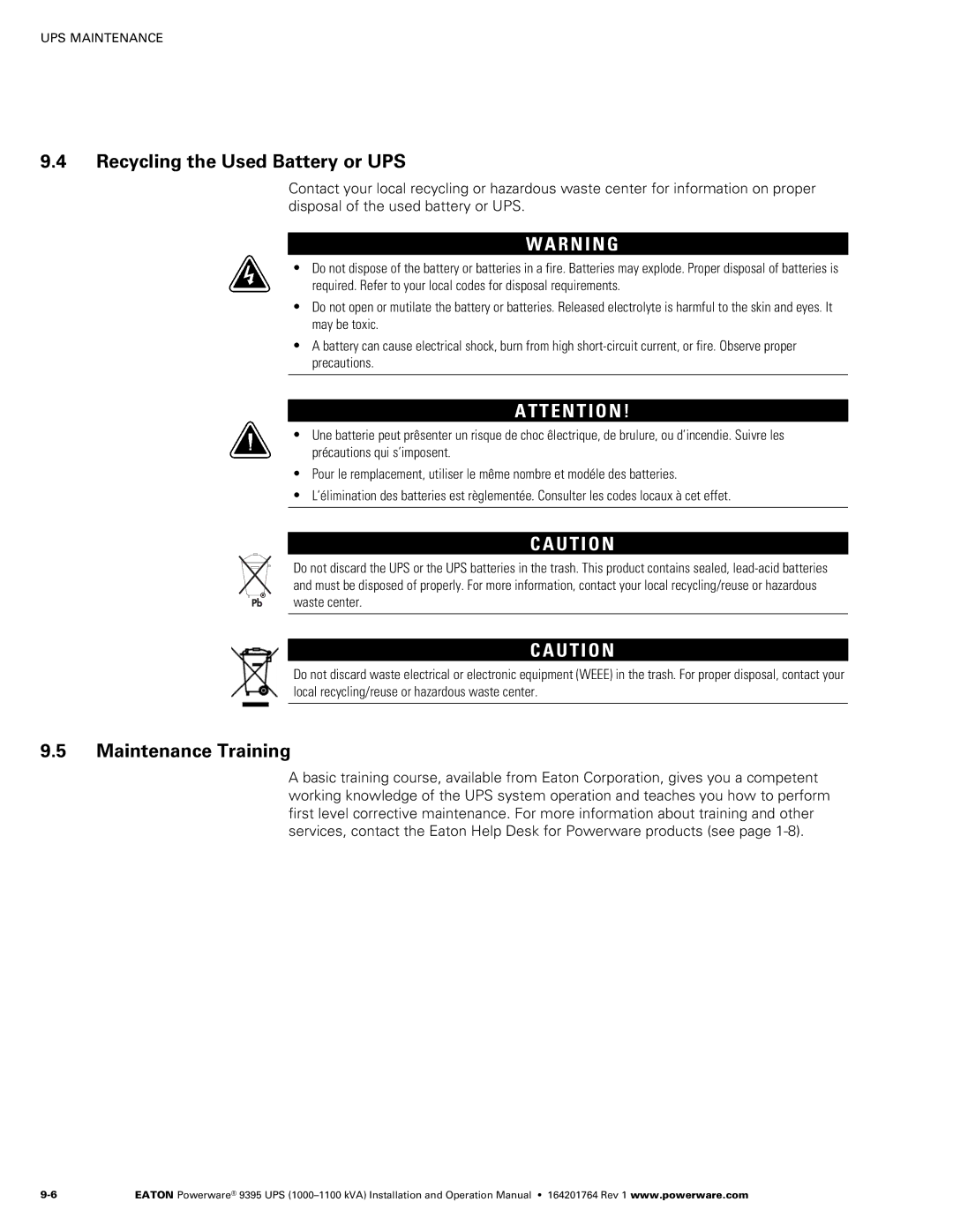 Powerware 10001100 kVA operation manual Recycling the Used Battery or UPS, Maintenance Training 