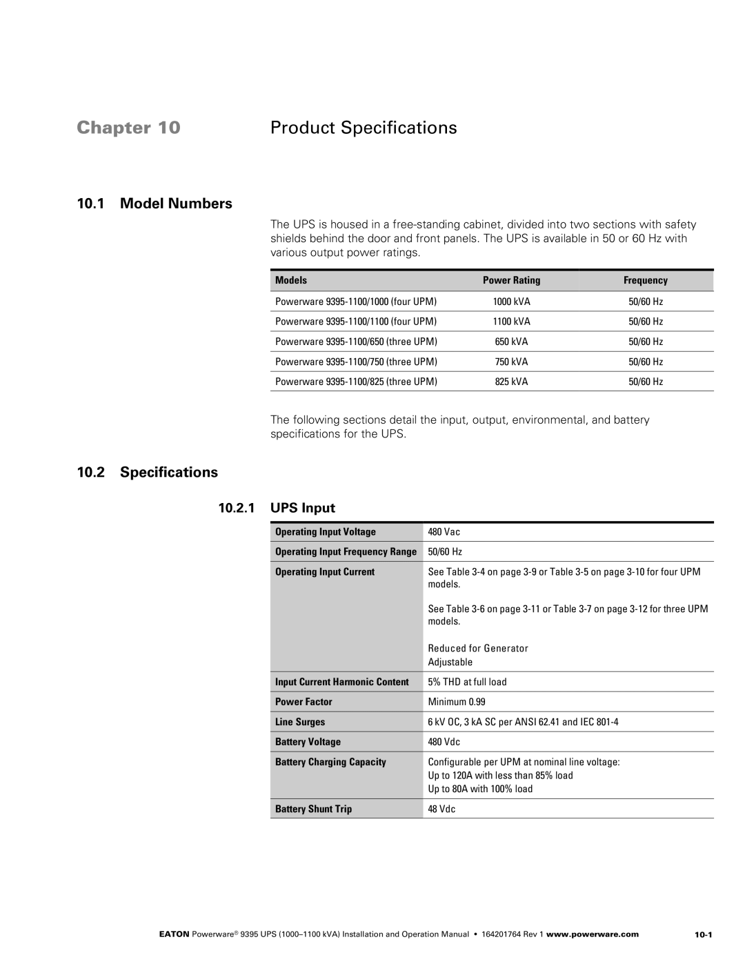 Powerware 10001100 kVA operation manual Model Numbers, Specifications, UPS Input 