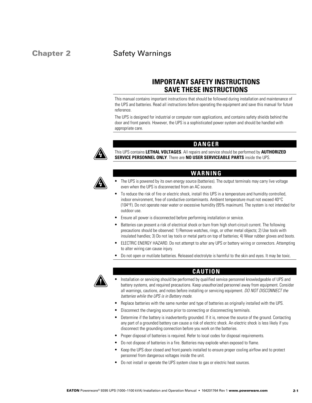 Powerware 10001100 kVA operation manual Chapter Safety Warnings 