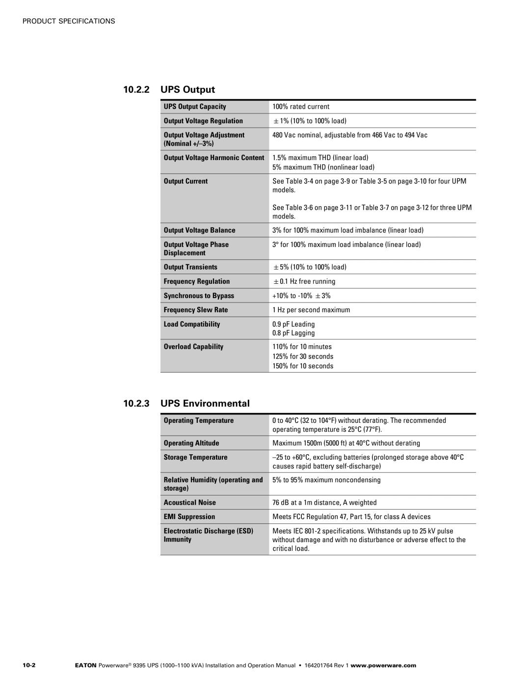 Powerware 10001100 kVA operation manual UPS Output, UPS Environmental 