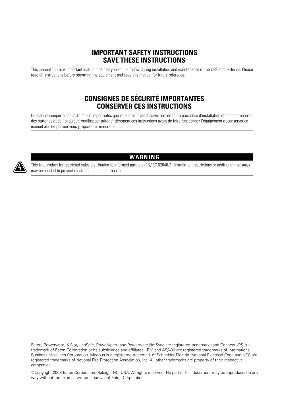 Powerware 10001100 kVA operation manual Consignes DE Sécurité Importantes Conserver CES Instructions 