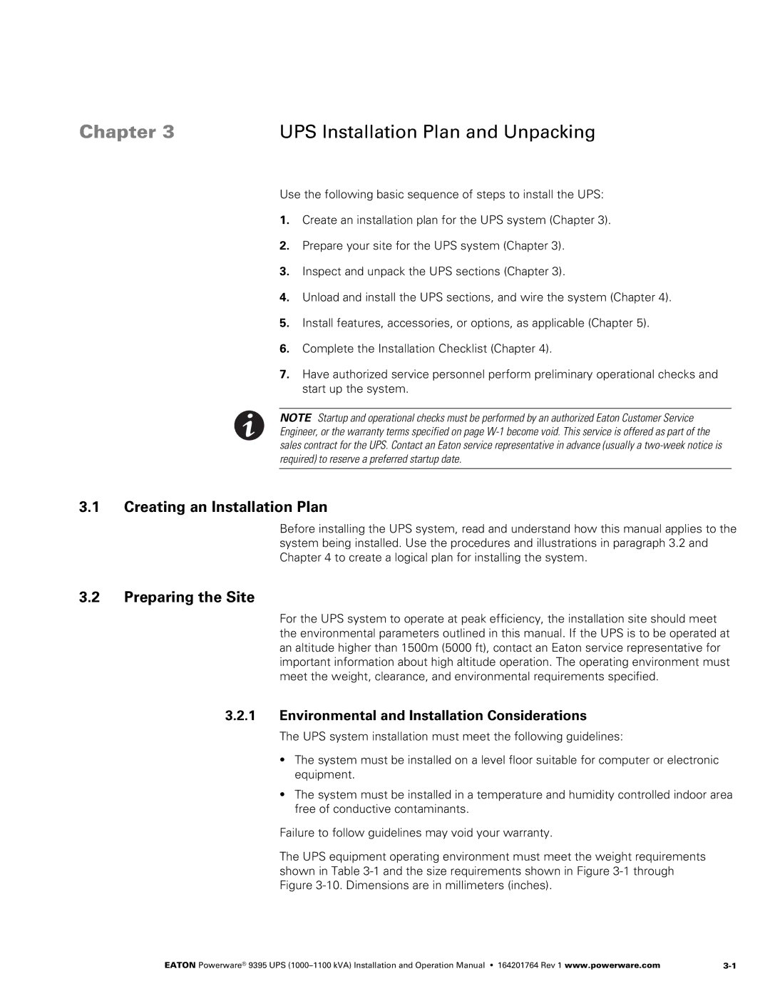 Powerware 10001100 kVA Creating an Installation Plan, Preparing the Site, Environmental and Installation Considerations 