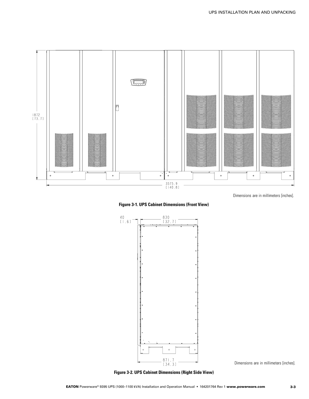 Powerware 10001100 kVA operation manual UPS Cabinet Dimensions Front View, Dimensions are in millimeters inches 