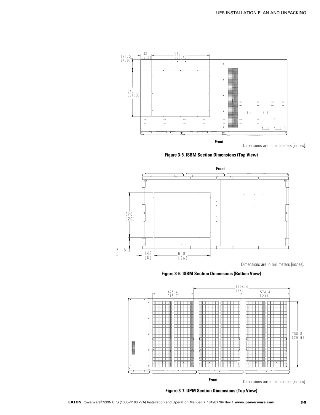 Powerware 10001100 kVA operation manual Isbm Section Dimensions Top View, Front 