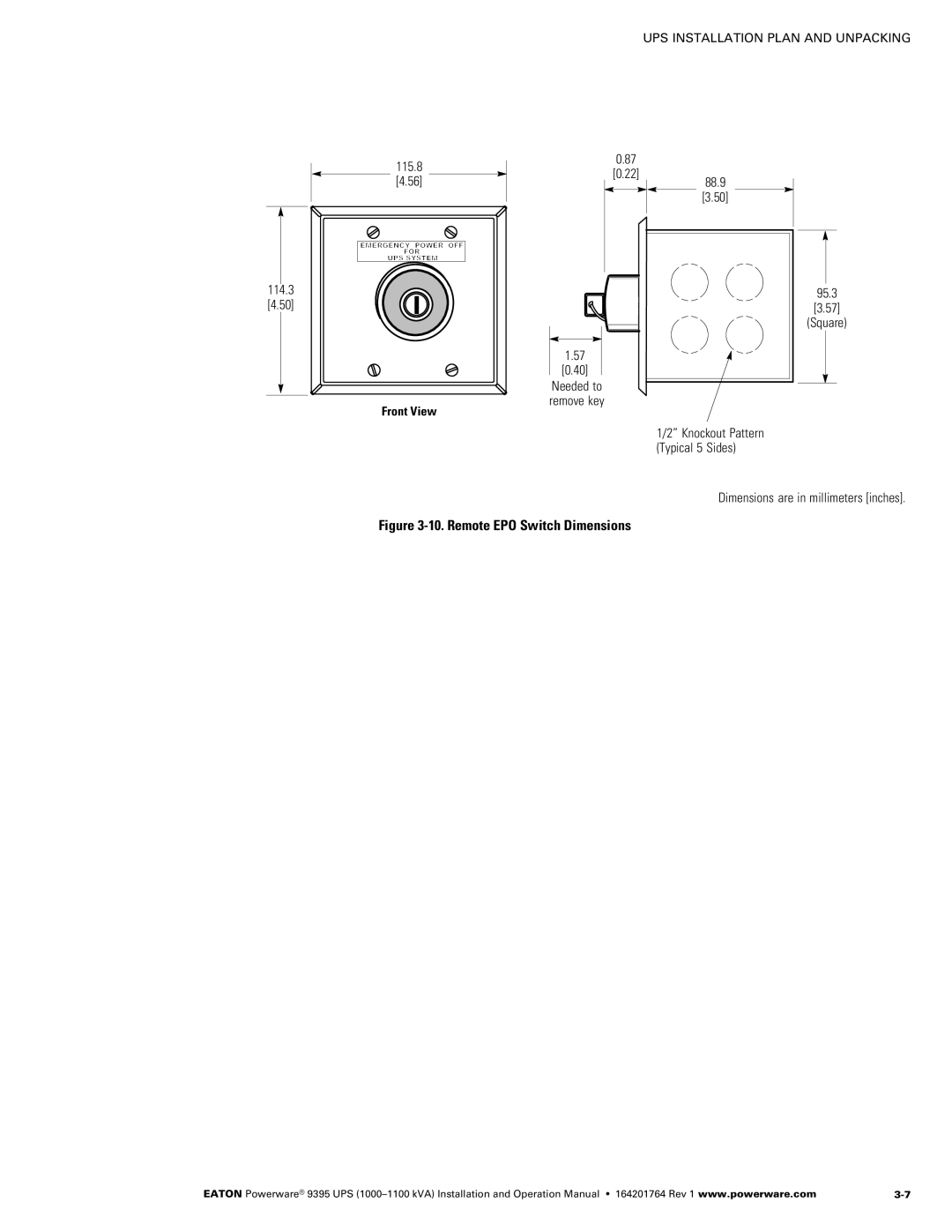 Powerware 10001100 kVA operation manual Remote EPO Switch Dimensions, 114.3 115.8 Front View 