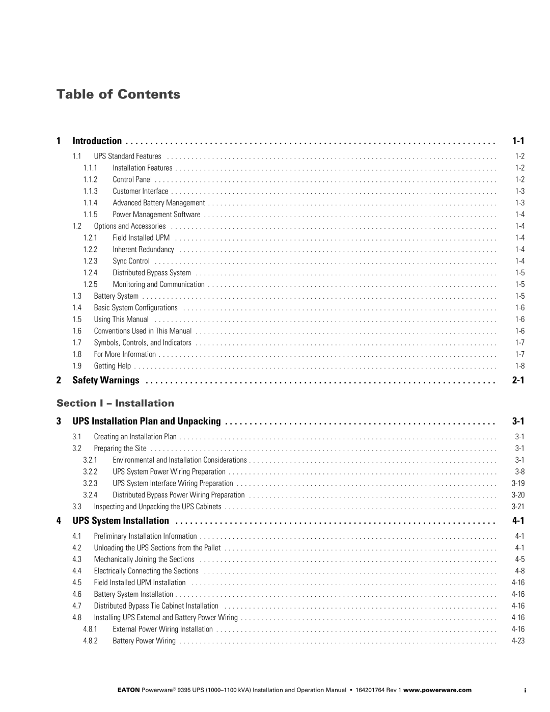 Powerware 10001100 kVA operation manual Table of Contents 