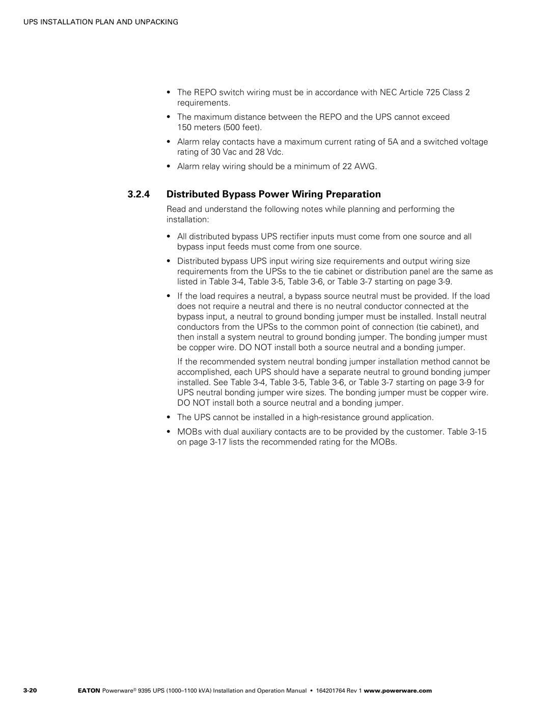 Powerware 10001100 kVA operation manual Distributed Bypass Power Wiring Preparation 