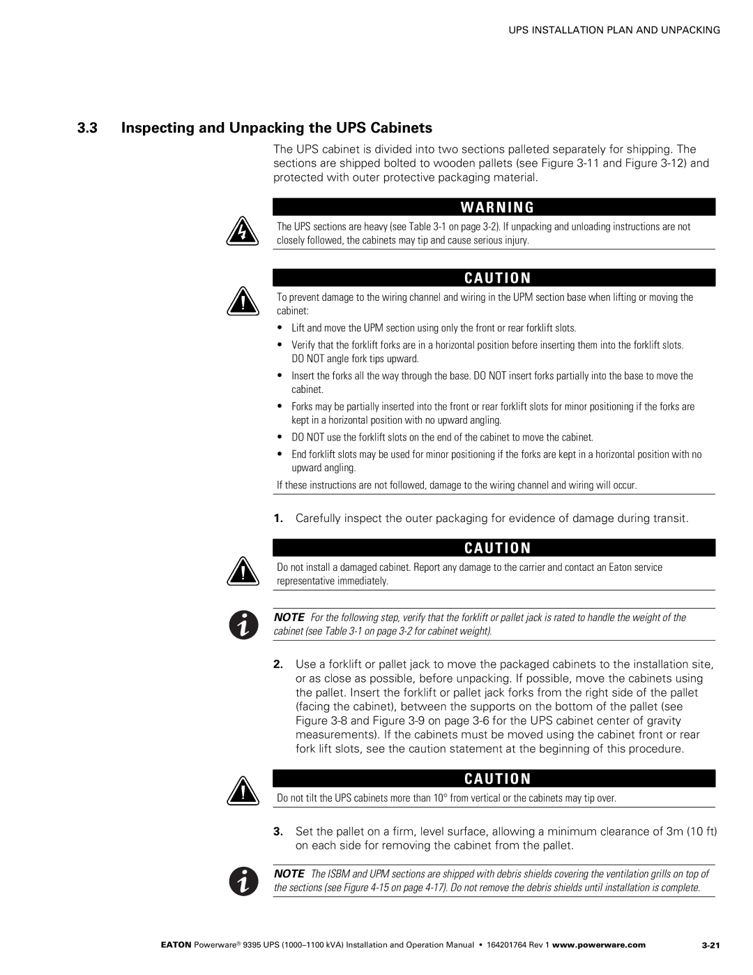 Powerware 10001100 kVA operation manual Inspecting and Unpacking the UPS Cabinets 