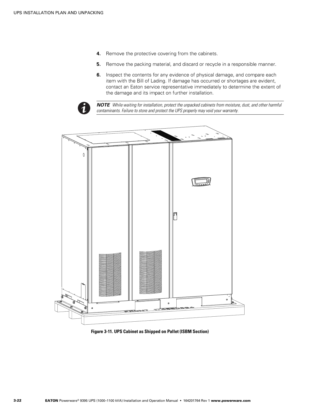 Powerware 10001100 kVA operation manual UPS Cabinet as Shipped on Pallet Isbm Section 