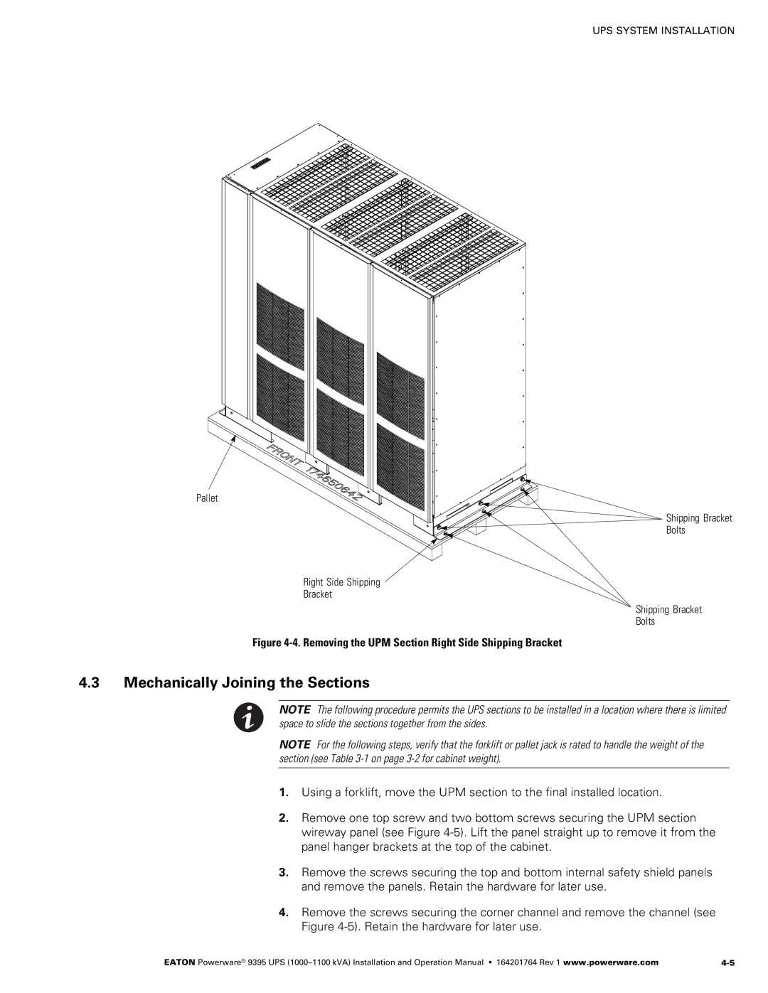 Powerware 10001100 kVA operation manual Mechanically Joining the Sections, Right Side Shipping Bracket Bolts 