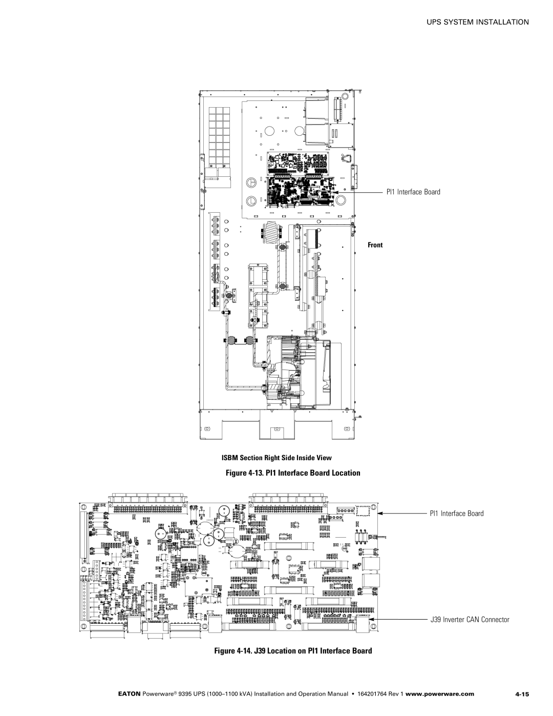 Powerware 10001100 kVA operation manual 13. Pl1 Interface Board Location, Pl1 Interface Board J39 Inverter can Connector 