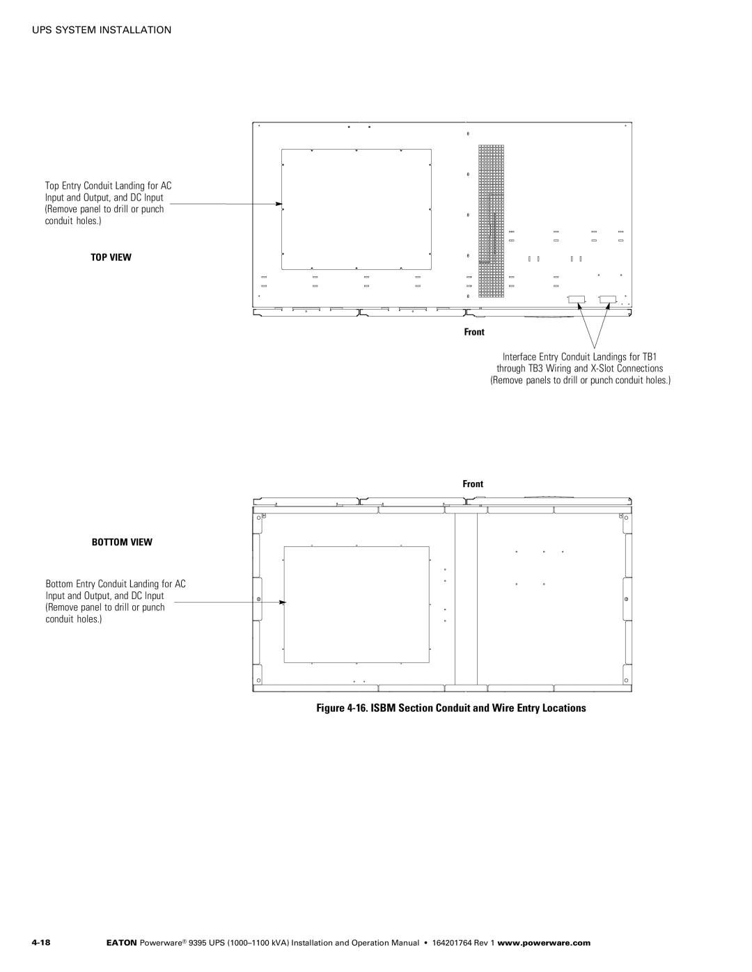 Powerware 10001100 kVA operation manual Isbm Section Conduit and Wire Entry Locations 