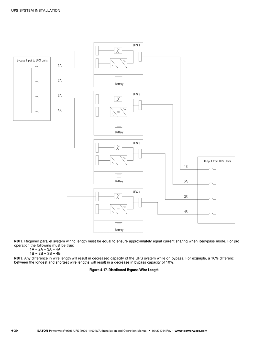 Powerware 10001100 kVA operation manual Distributed Bypass Wire Length, 1A = 2A = 3A = 4A 1B = 2B = 3B = 4B 