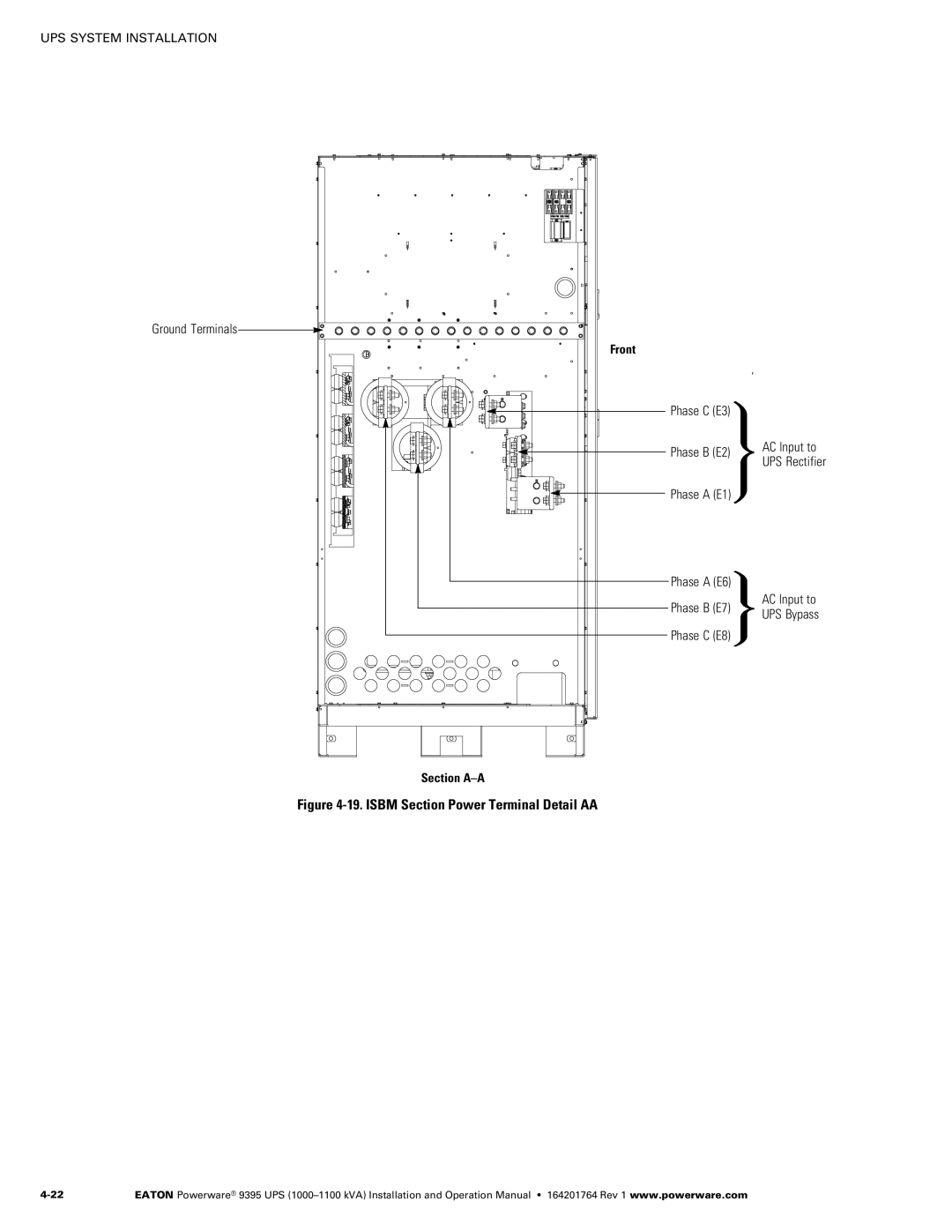 Powerware 10001100 kVA operation manual Ground Terminals Front Phase C E3 Phase B E2 AC Input to, Phase C E8 Section A-A 