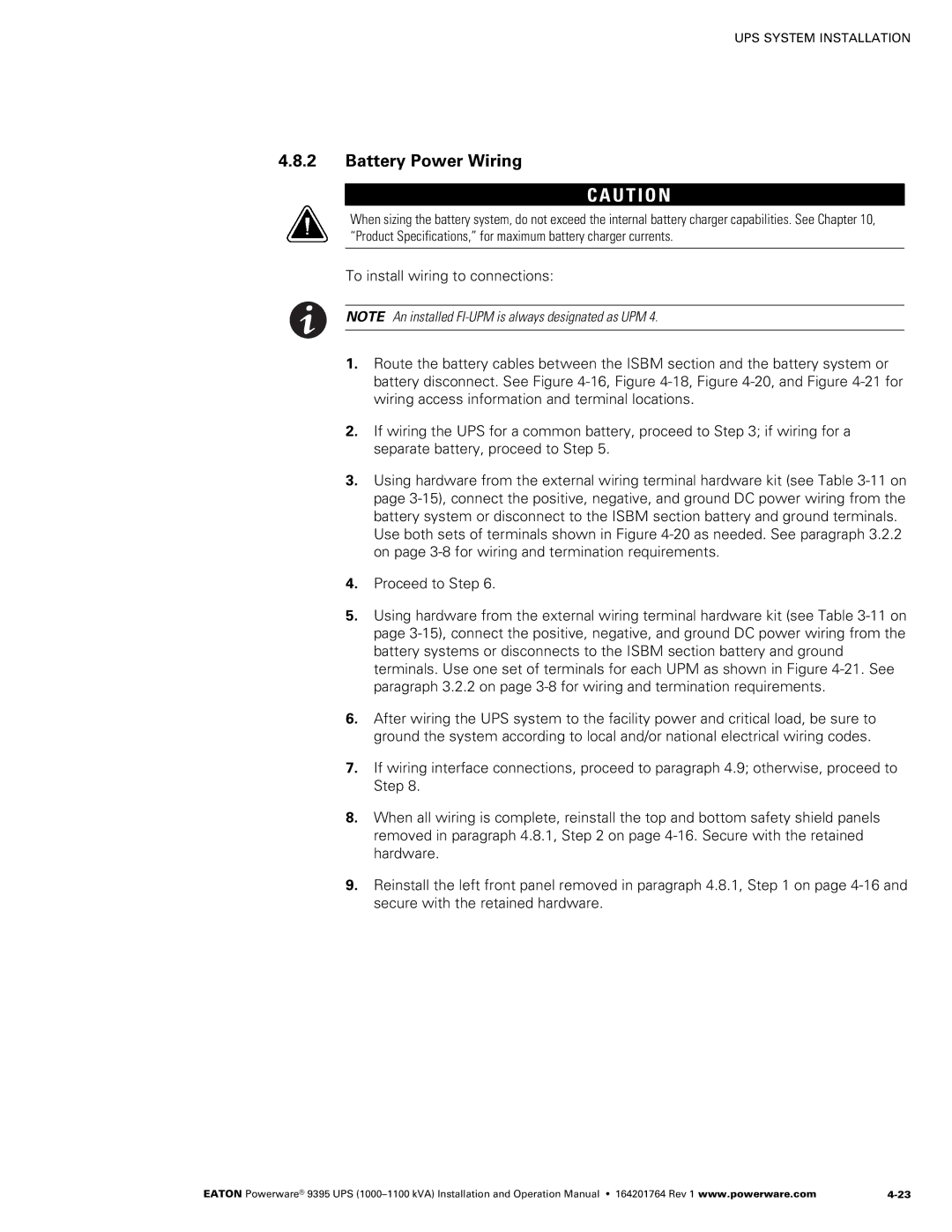 Powerware 10001100 kVA operation manual Battery Power Wiring 