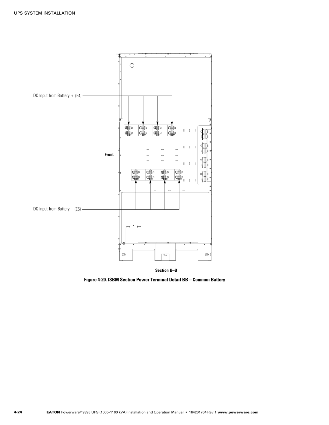 Powerware 10001100 kVA operation manual DC Input from Battery + E4 DC Input from Battery E5, Section B-B 