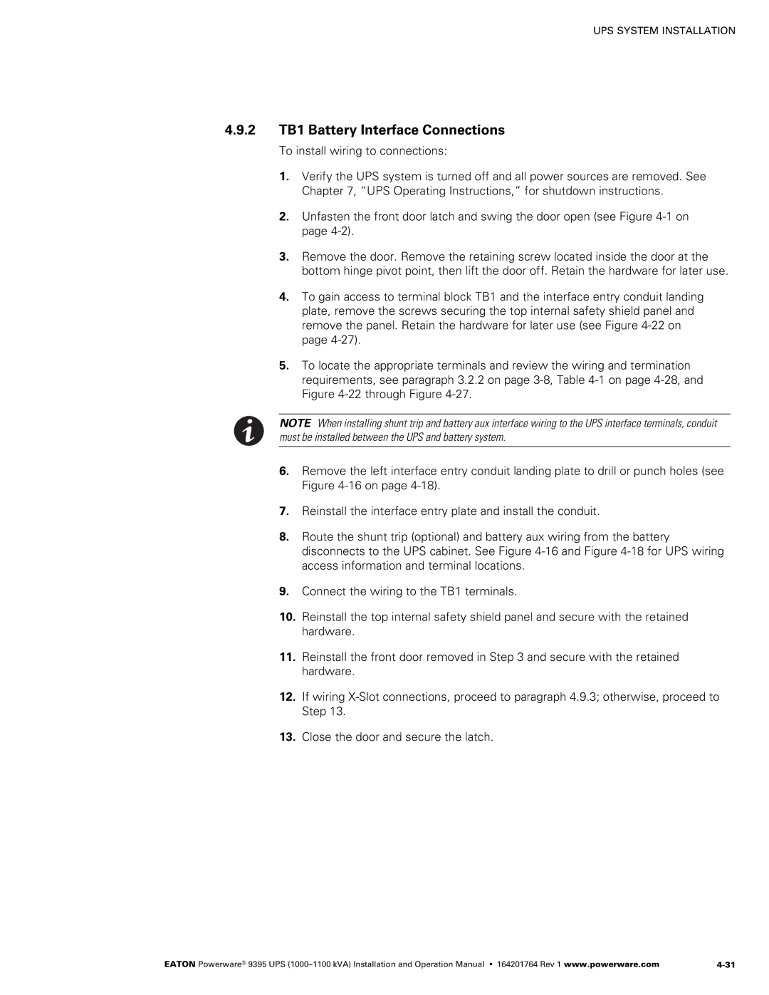 Powerware 10001100 kVA operation manual 2 TB1 Battery Interface Connections 