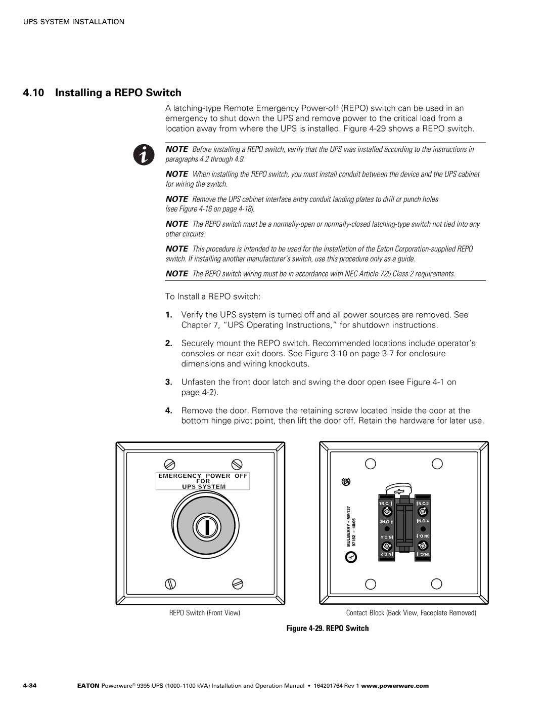 Powerware 10001100 kVA operation manual Installing a Repo Switch, Repo Switch Front View 