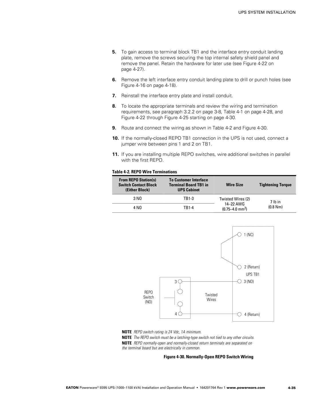 Powerware 10001100 kVA operation manual Repo Wire Terminations, Return 