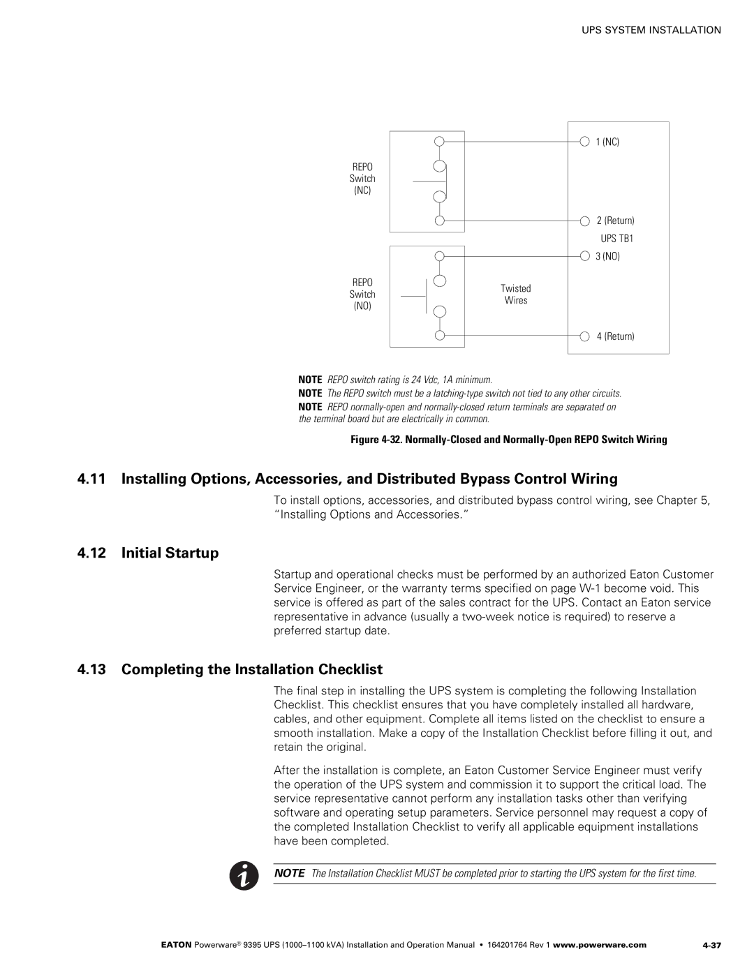 Powerware 10001100 kVA operation manual Initial Startup, Completing the Installation Checklist 