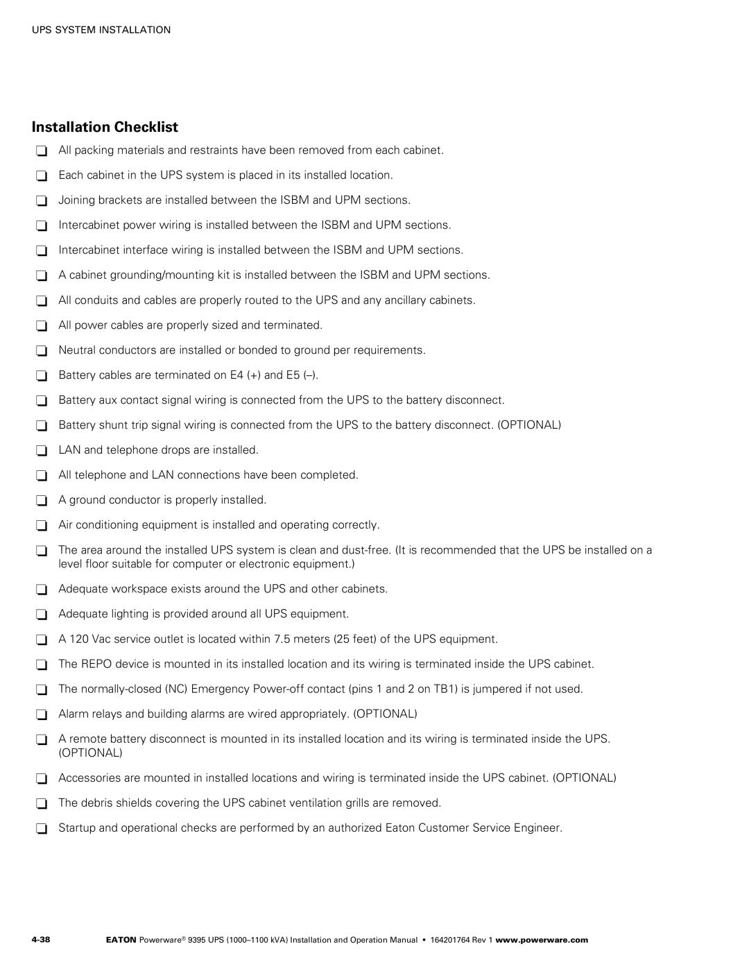 Powerware 10001100 kVA operation manual Installation Checklist 