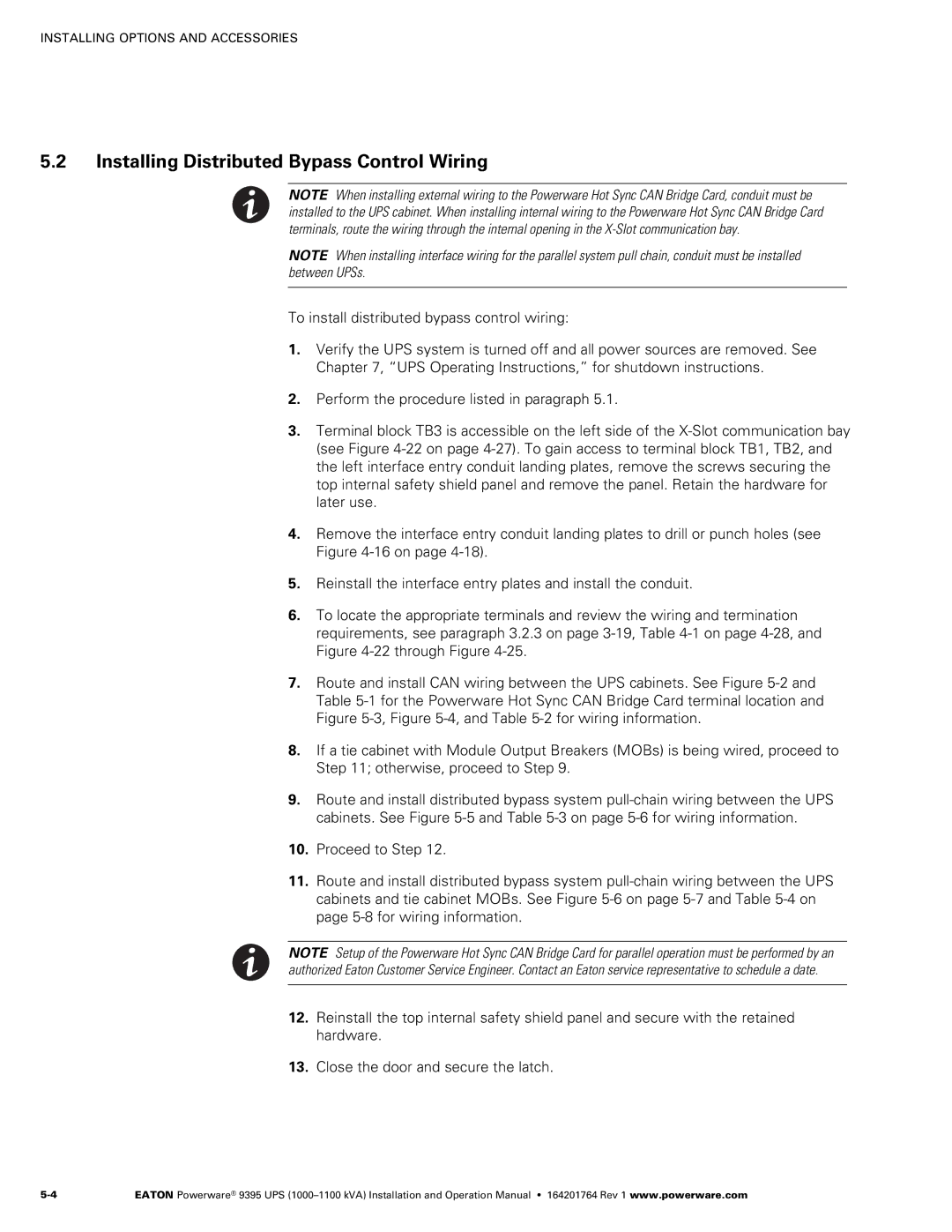 Powerware 10001100 kVA operation manual Installing Distributed Bypass Control Wiring 