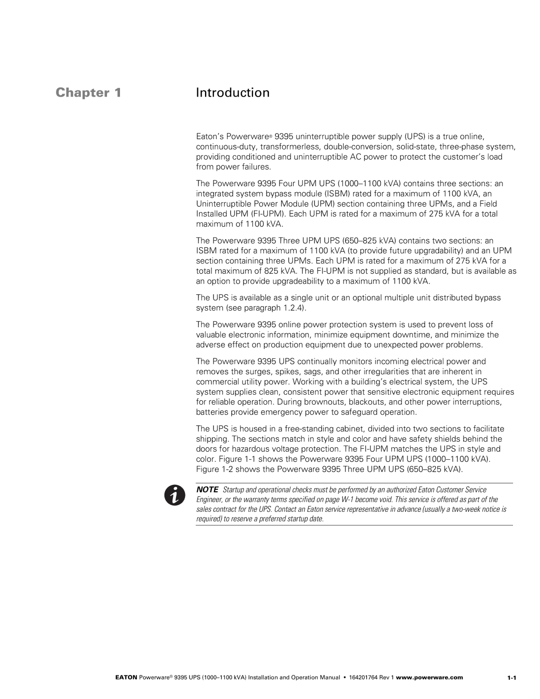 Powerware 10001100 kVA operation manual Chapter Introduction 