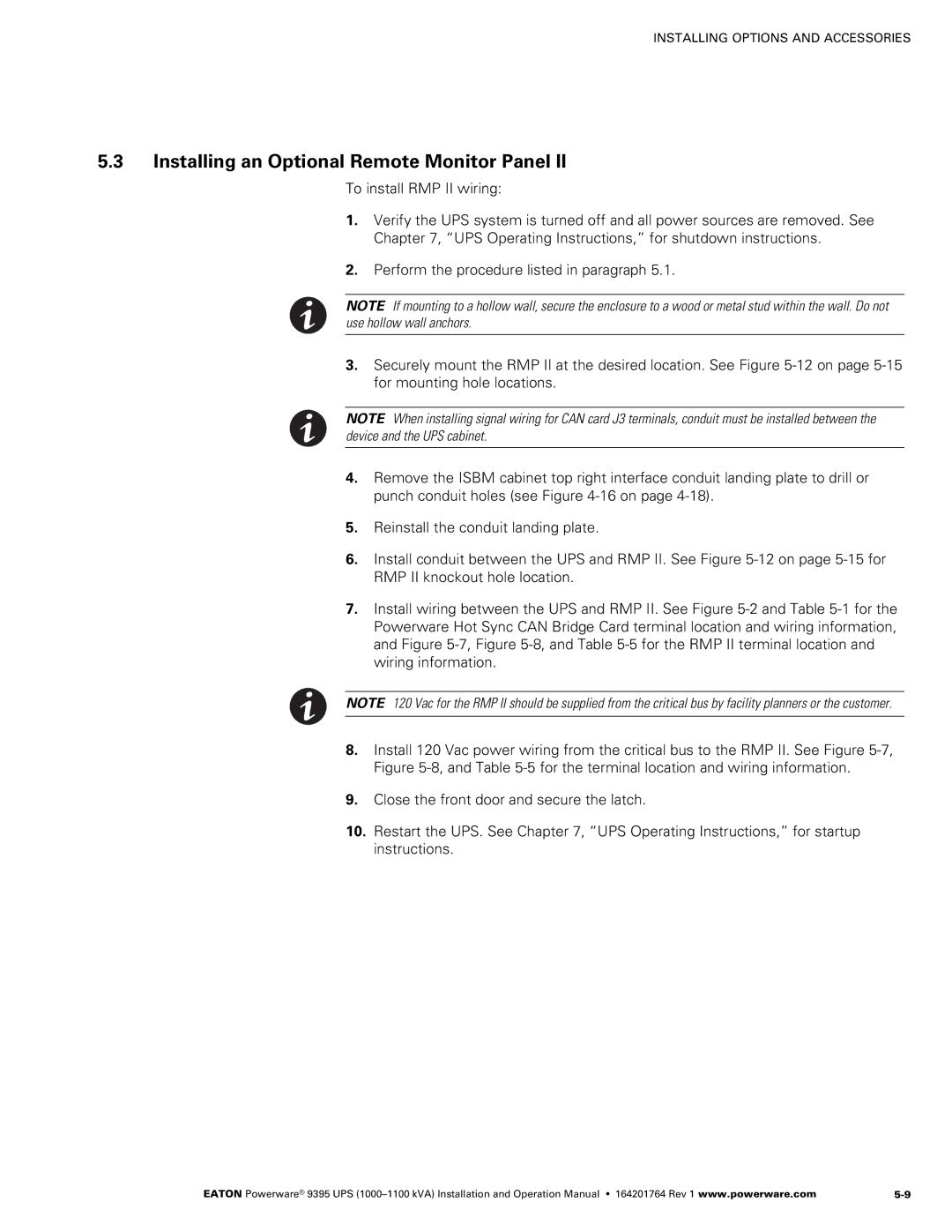 Powerware 10001100 kVA operation manual Installing an Optional Remote Monitor Panel 