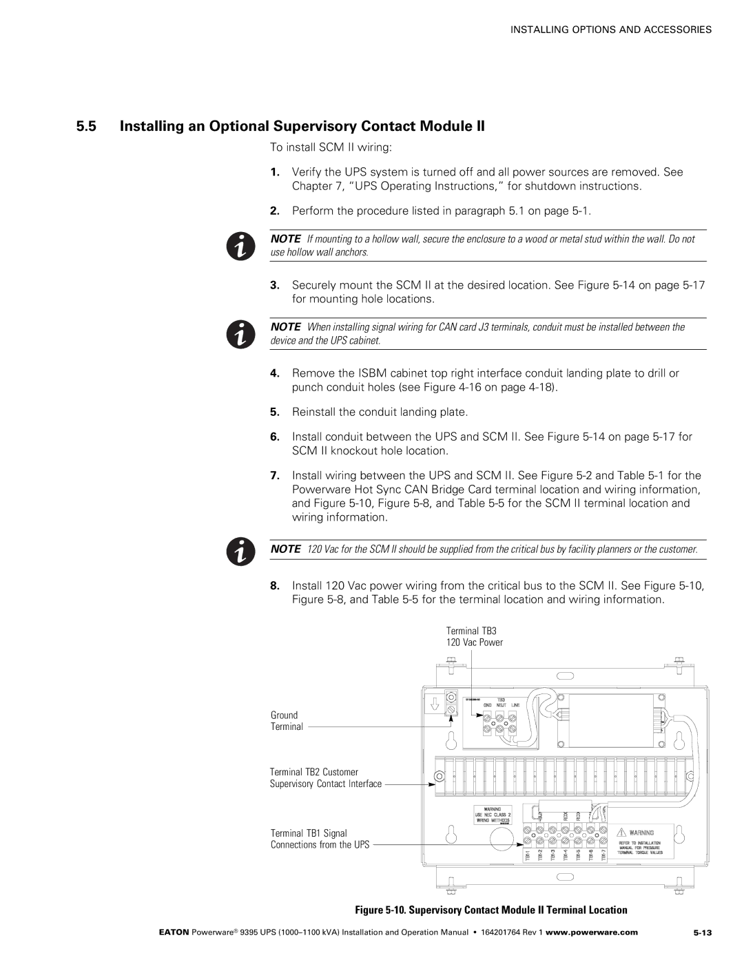 Powerware 10001100 kVA operation manual Installing an Optional Supervisory Contact Module, Terminal TB1 Signal 