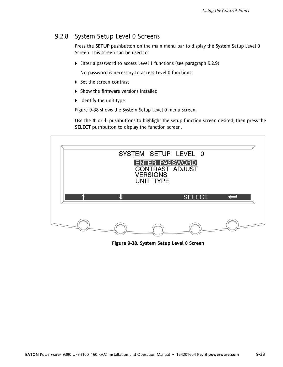 Powerware 100160 kVA manual System Setup Level 0 Screens, Enter Password 