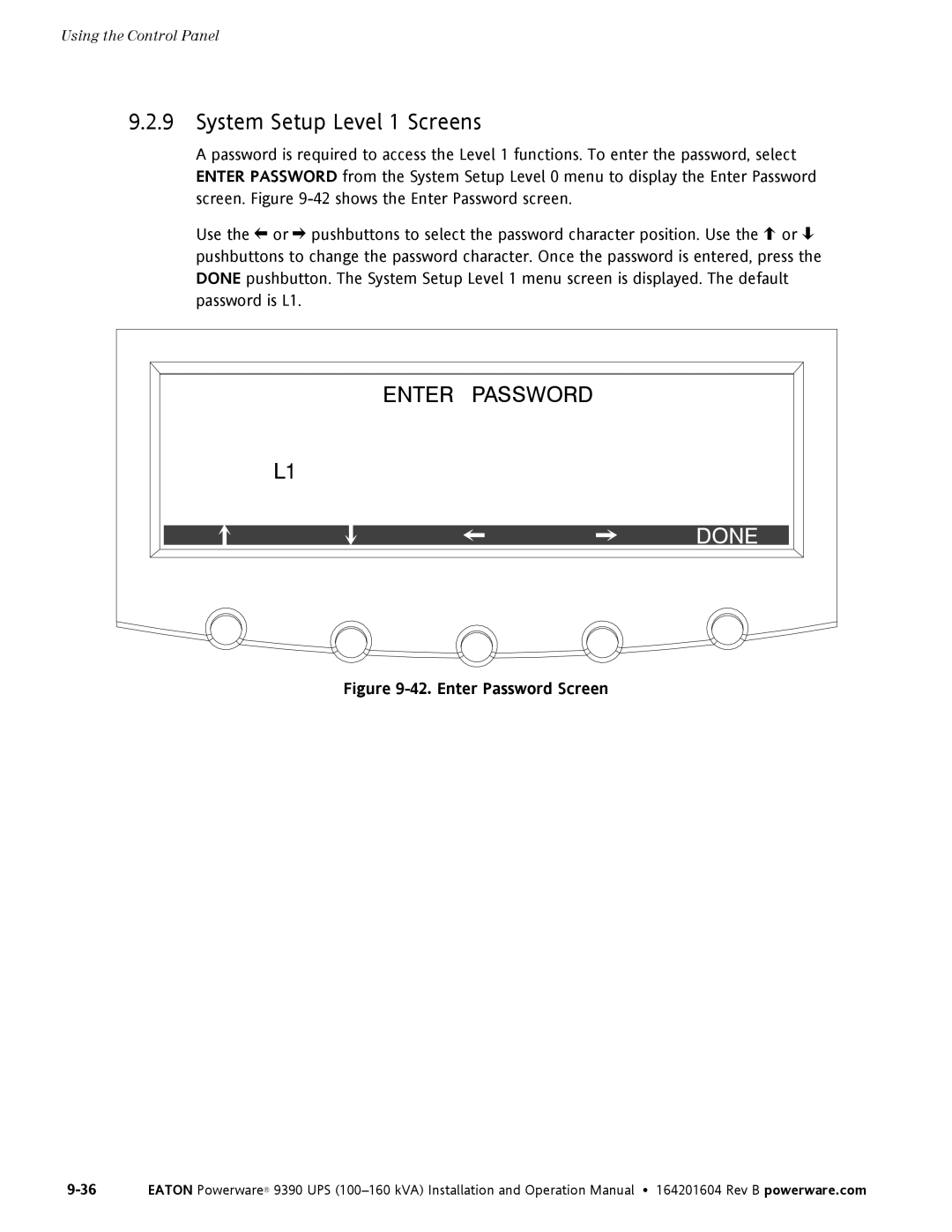 Powerware 100160 kVA manual System Setup Level 1 Screens, Enter Password Screen 