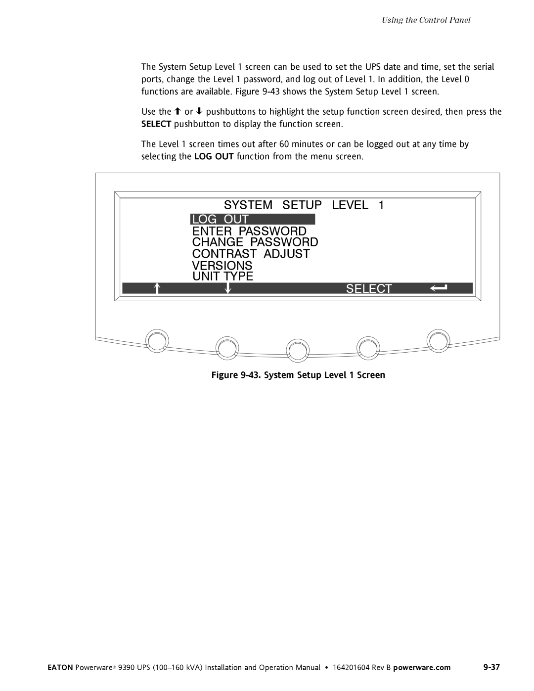 Powerware 100160 kVA manual Log Out, System Setup Level 1 Screen 