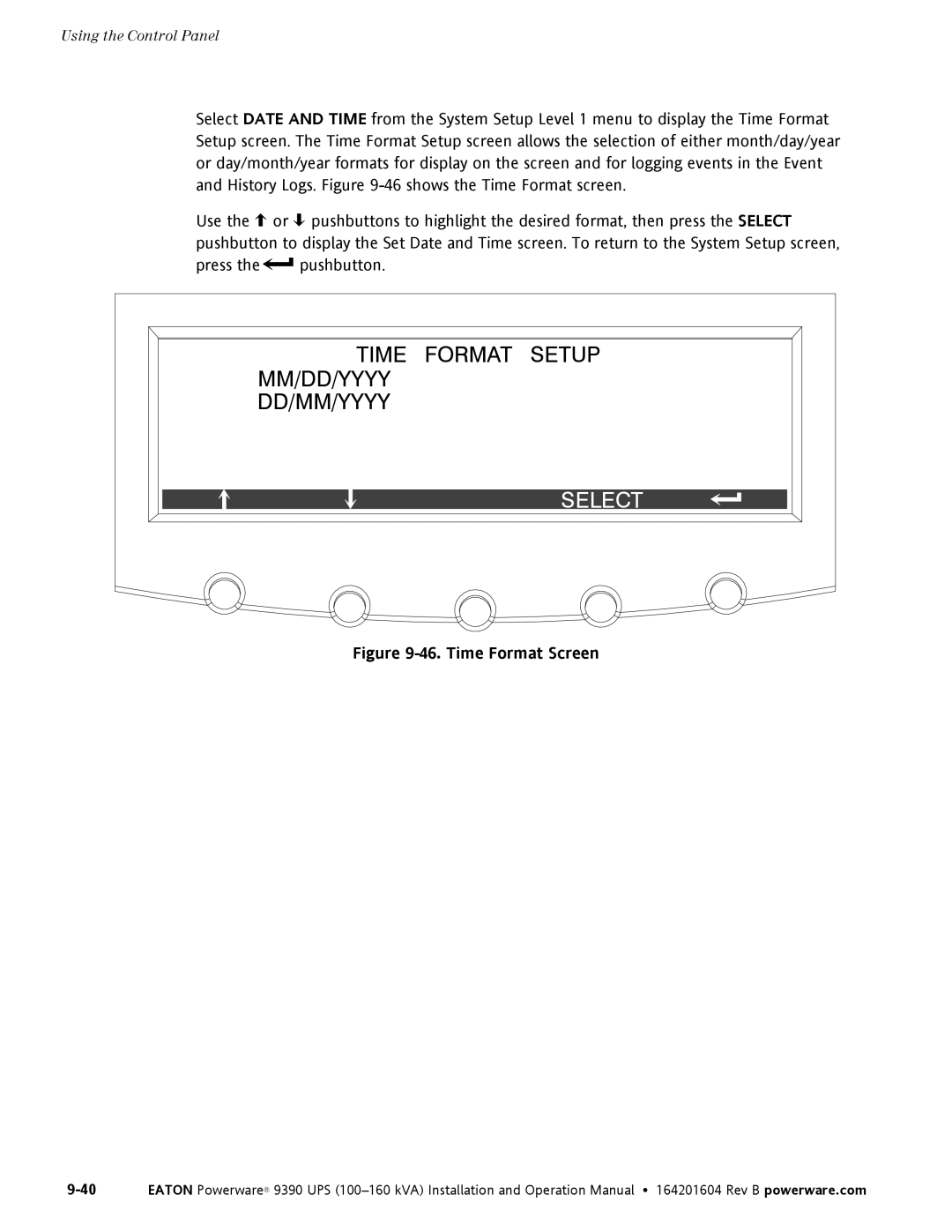 Powerware 100160 kVA manual Time Format Setup MM/DD/YYYY DD/MM/YYYY 