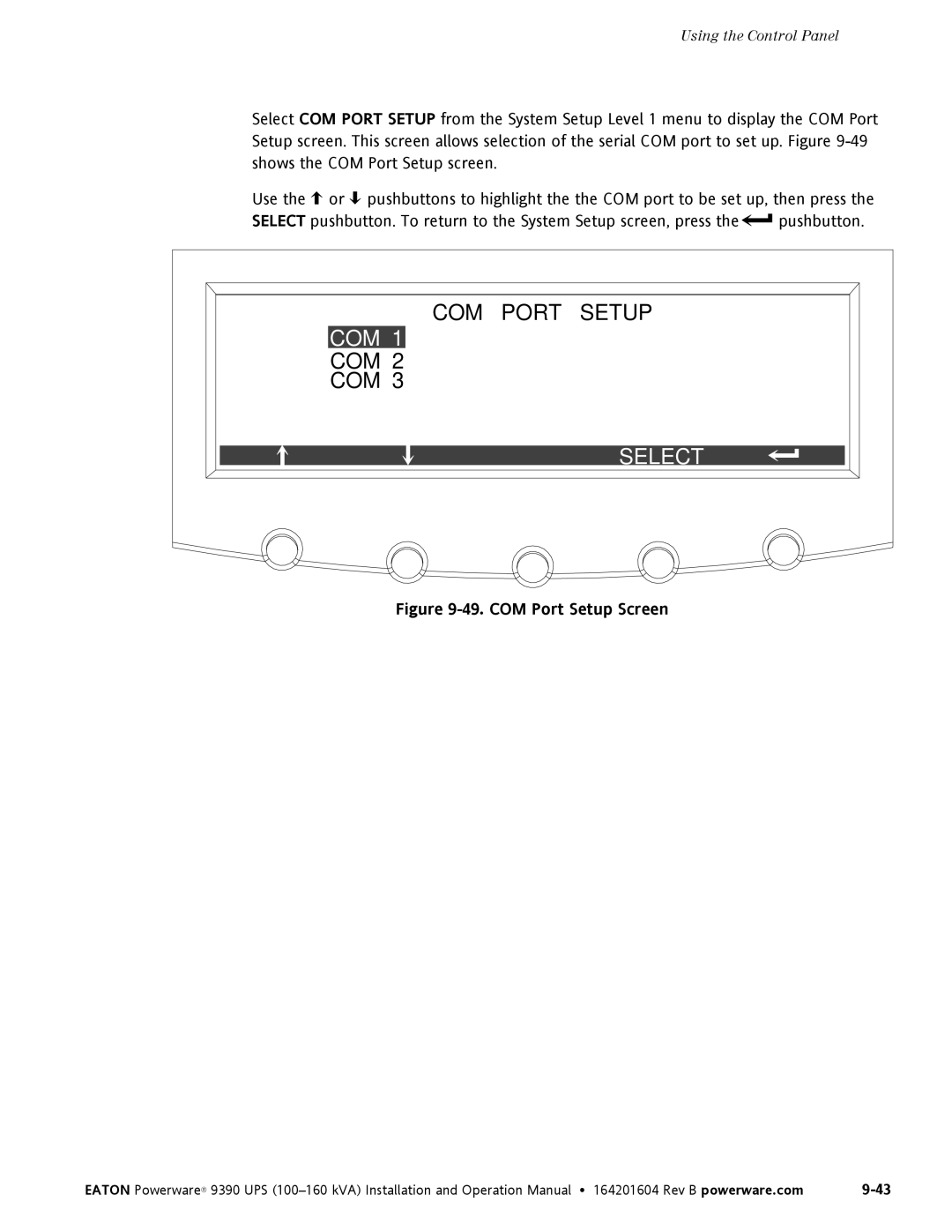 Powerware 100160 kVA manual Com, COM Port Setup Screen 