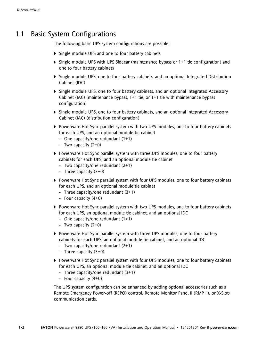 Powerware 100160 kVA manual Basic System Configurations 