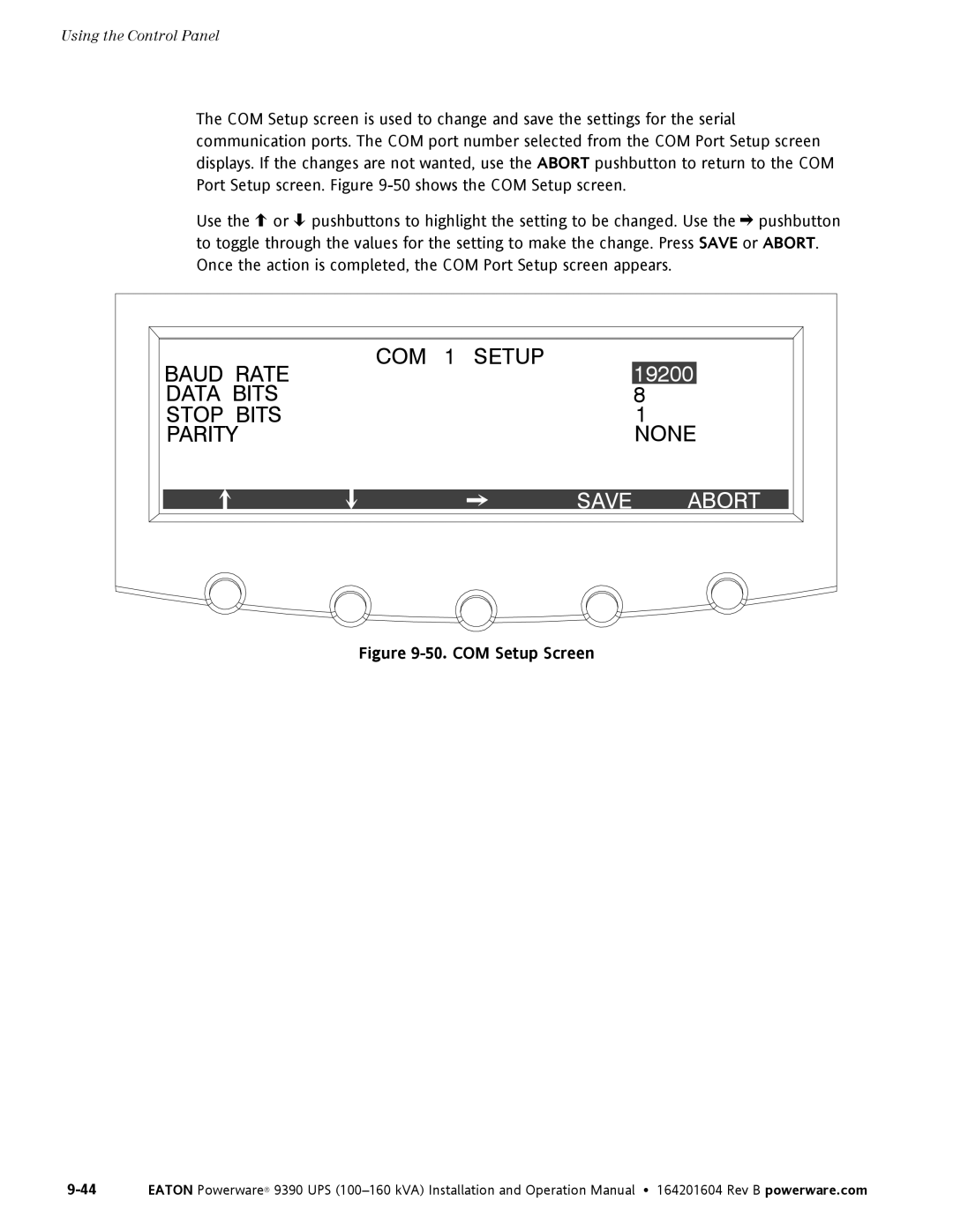 Powerware 100160 kVA manual Abort, COM Setup Screen 