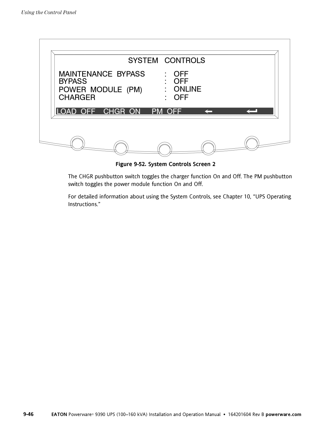 Powerware 100160 kVA manual Load OFF Chgr on PM OFF, System Controls Screen 