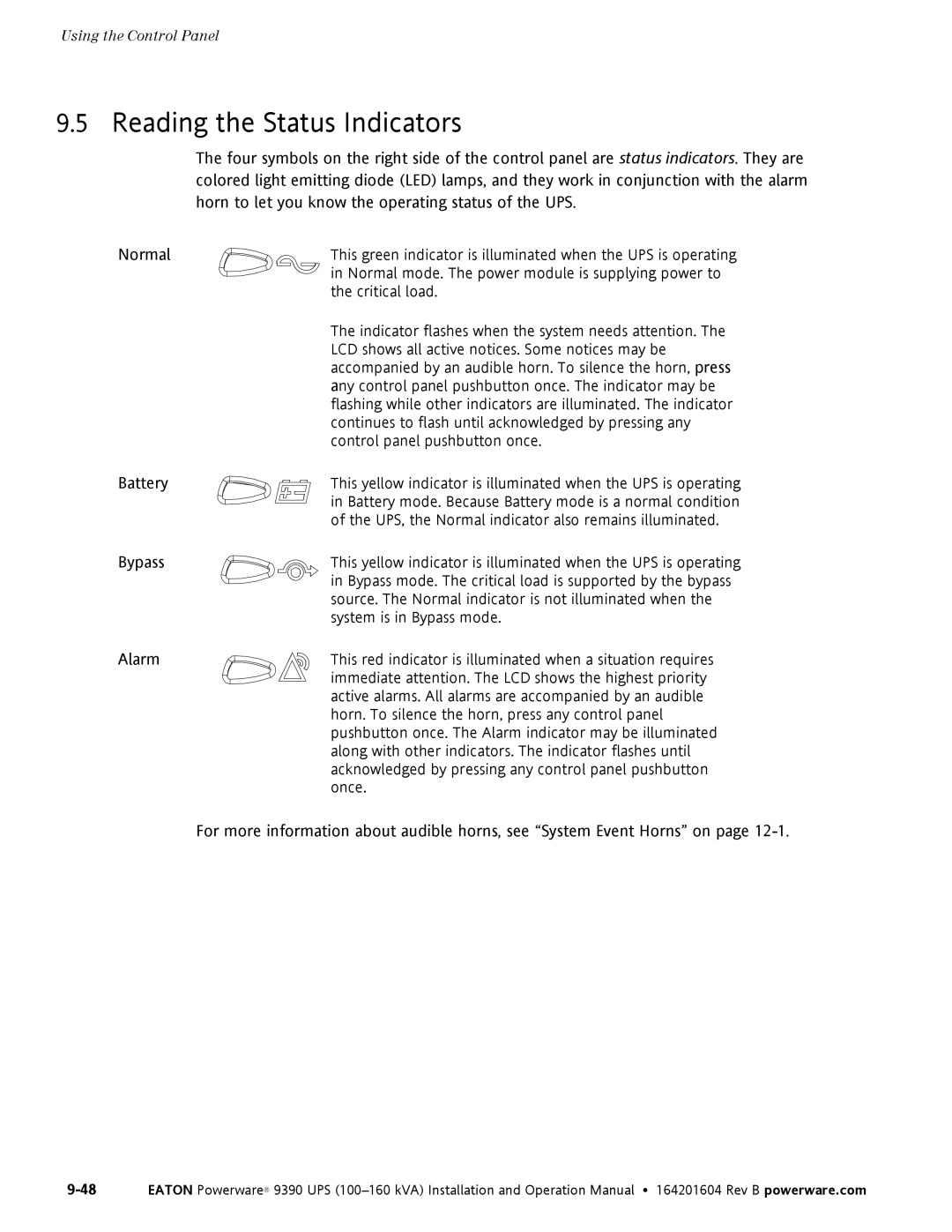 Powerware 100160 kVA manual Reading the Status Indicators, Battery 