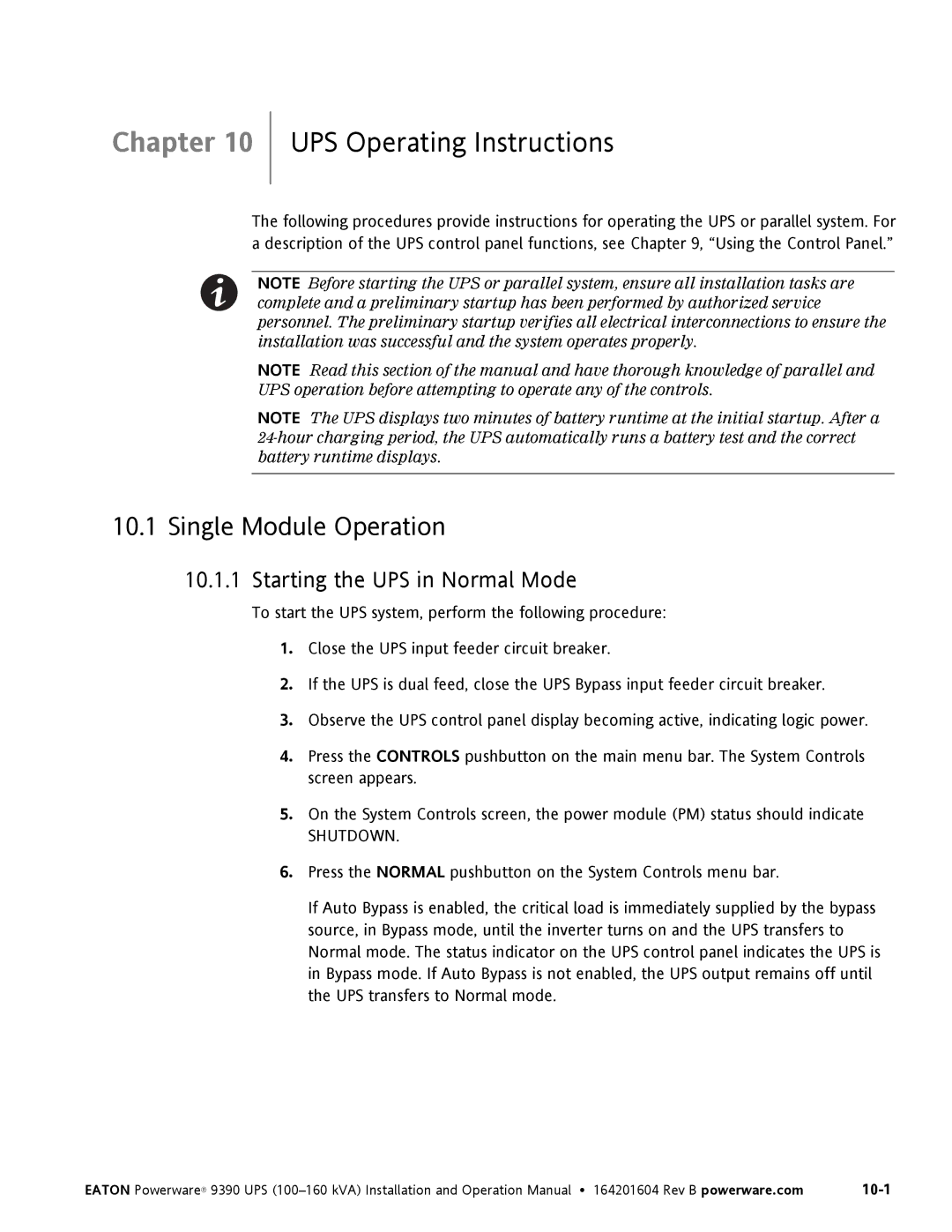 Powerware 100160 kVA manual UPS Operating Instructions, Single Module Operation, Starting the UPS in Normal Mode 