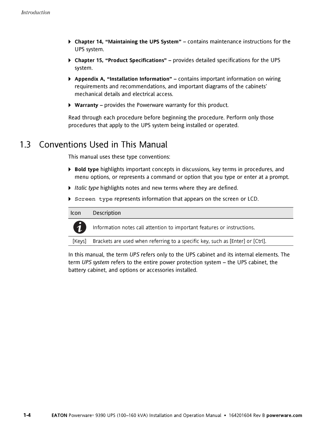 Powerware 100160 kVA Conventions Used in This Manual, This manual uses these type conventions 