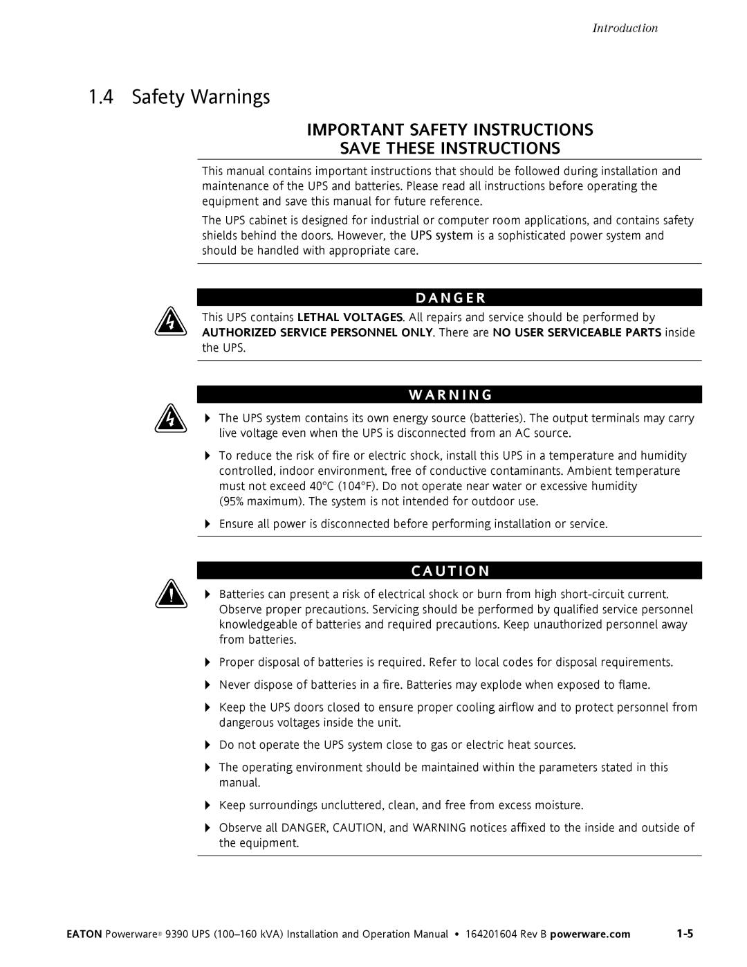 Powerware 100160 kVA manual Safety Warnings, N G E R 