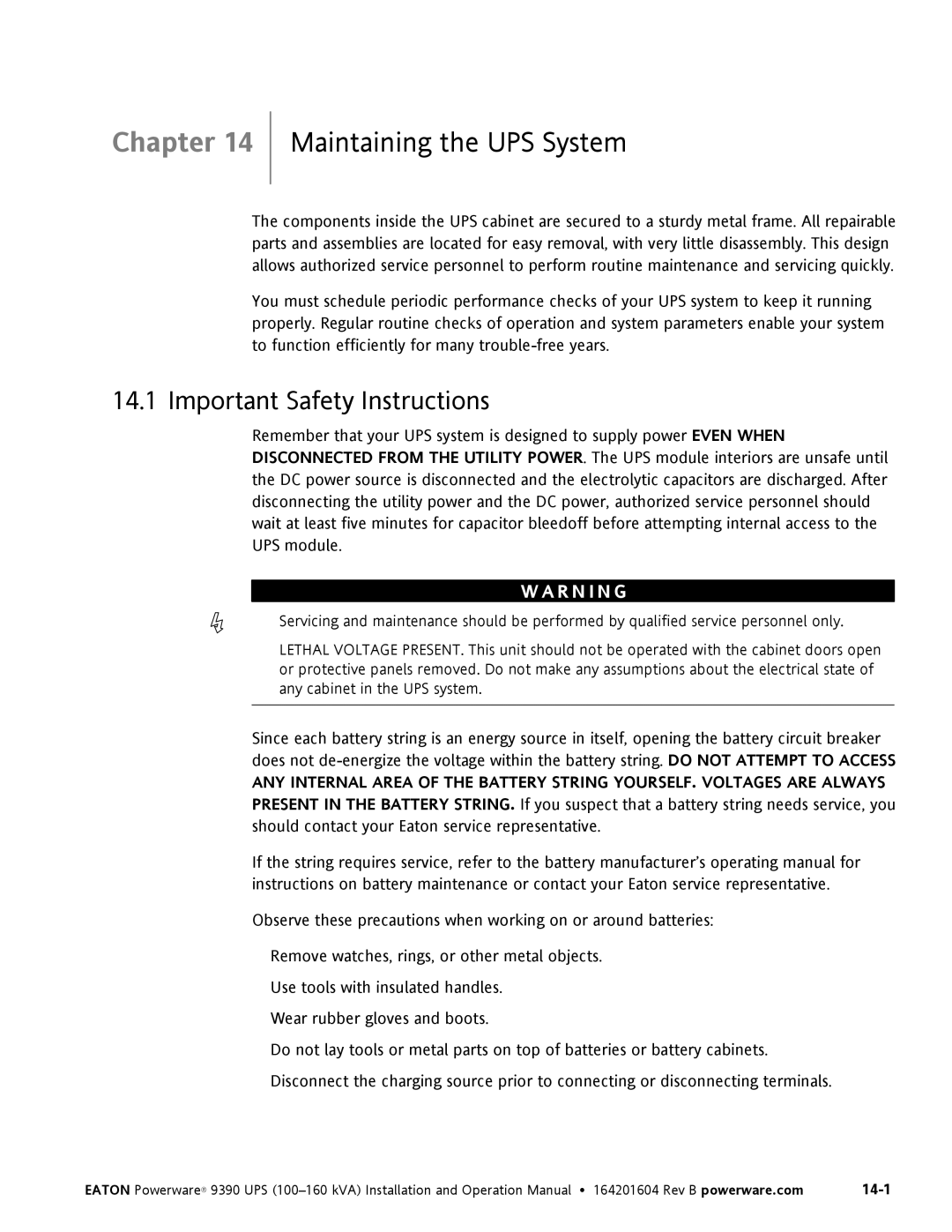 Powerware 100160 kVA manual Maintaining the UPS System, Important Safety Instructions 