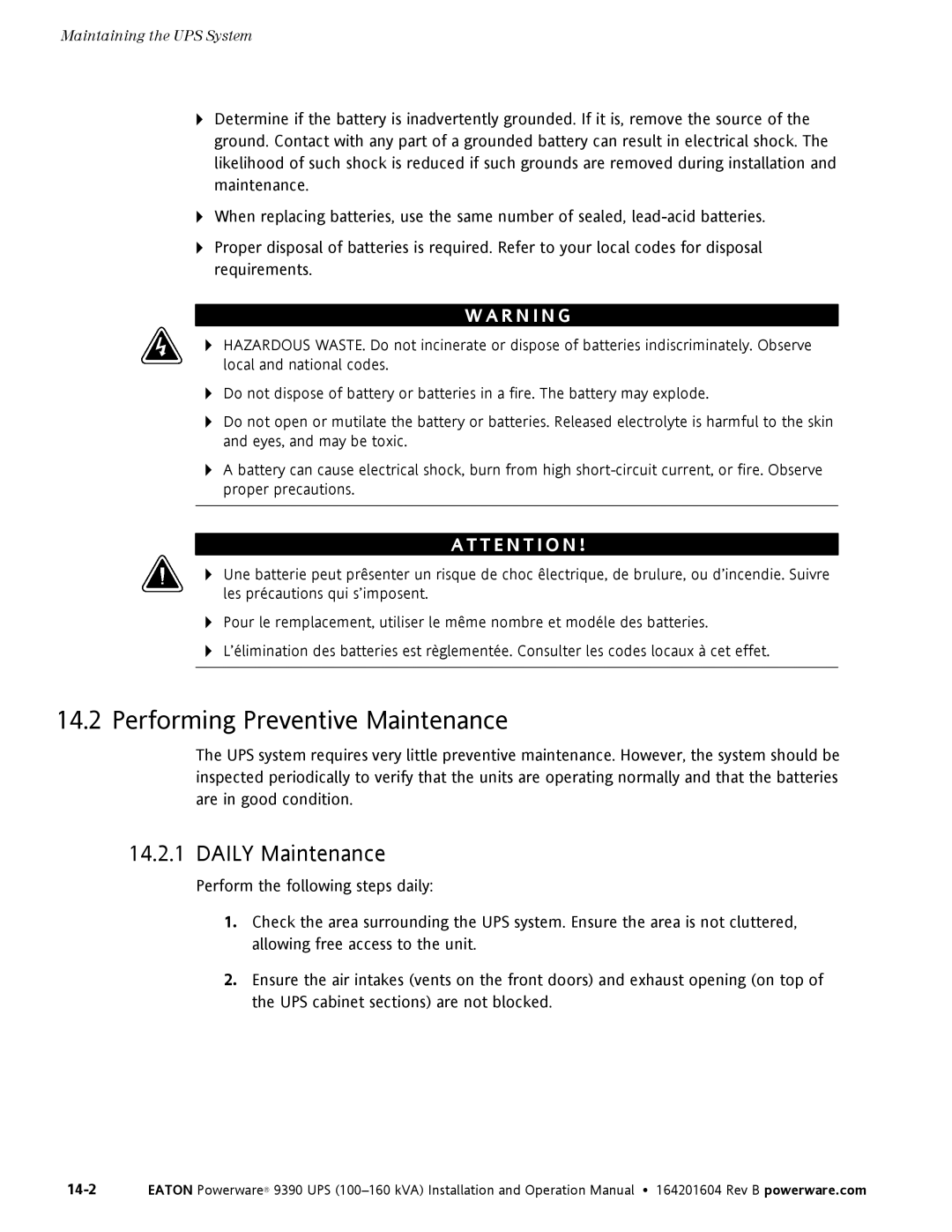 Powerware 100160 kVA manual Performing Preventive Maintenance, Daily Maintenance 