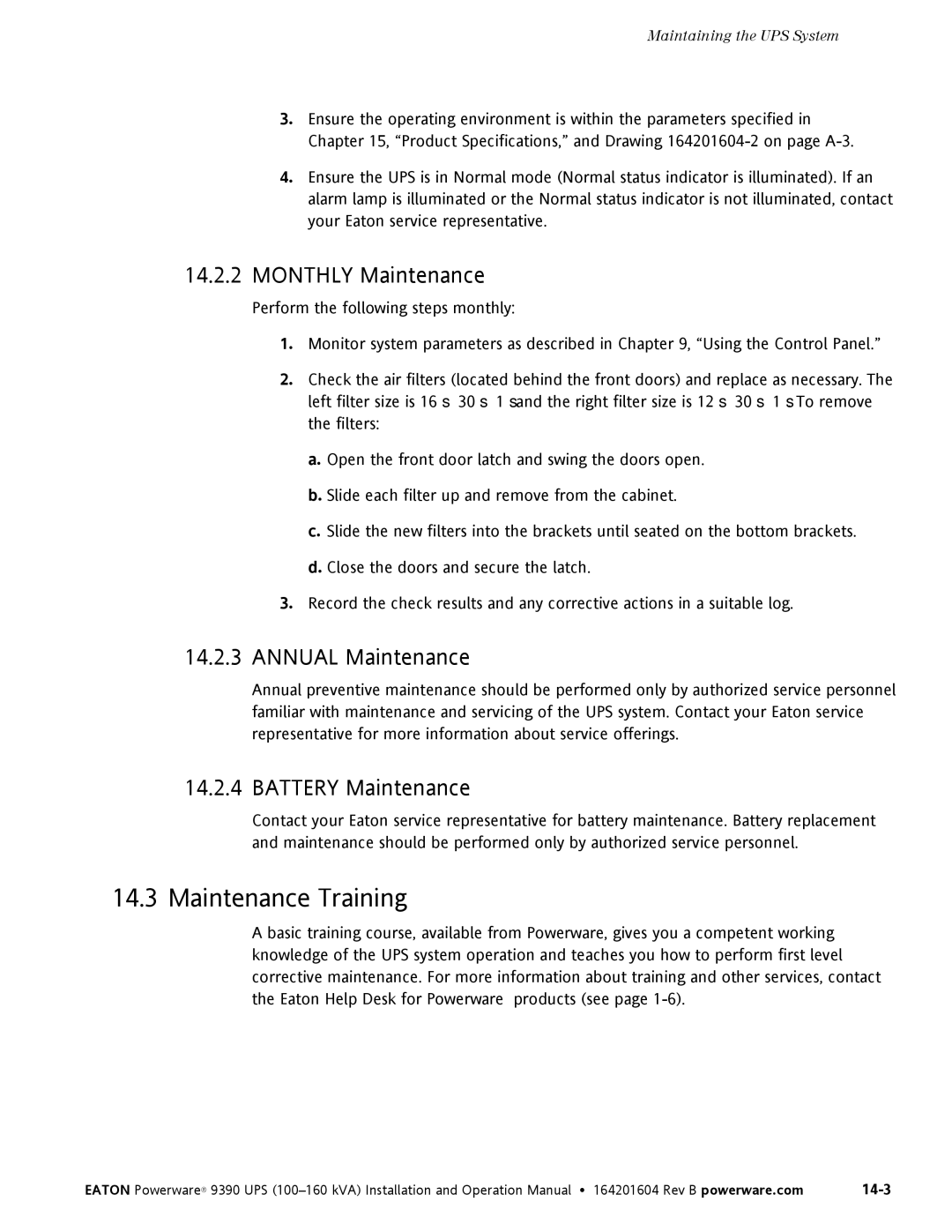 Powerware 100160 kVA manual Maintenance Training, Monthly Maintenance, Annual Maintenance, Battery Maintenance 