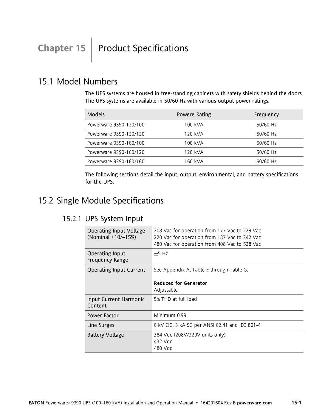 Powerware 100160 kVA manual Product Specifications, Model Numbers, Single Module Specifications, UPS System Input 