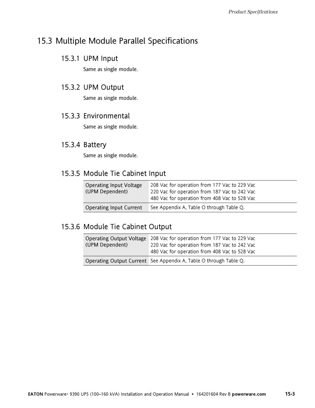 Powerware 100160 kVA manual Multiple Module Parallel Specifications 